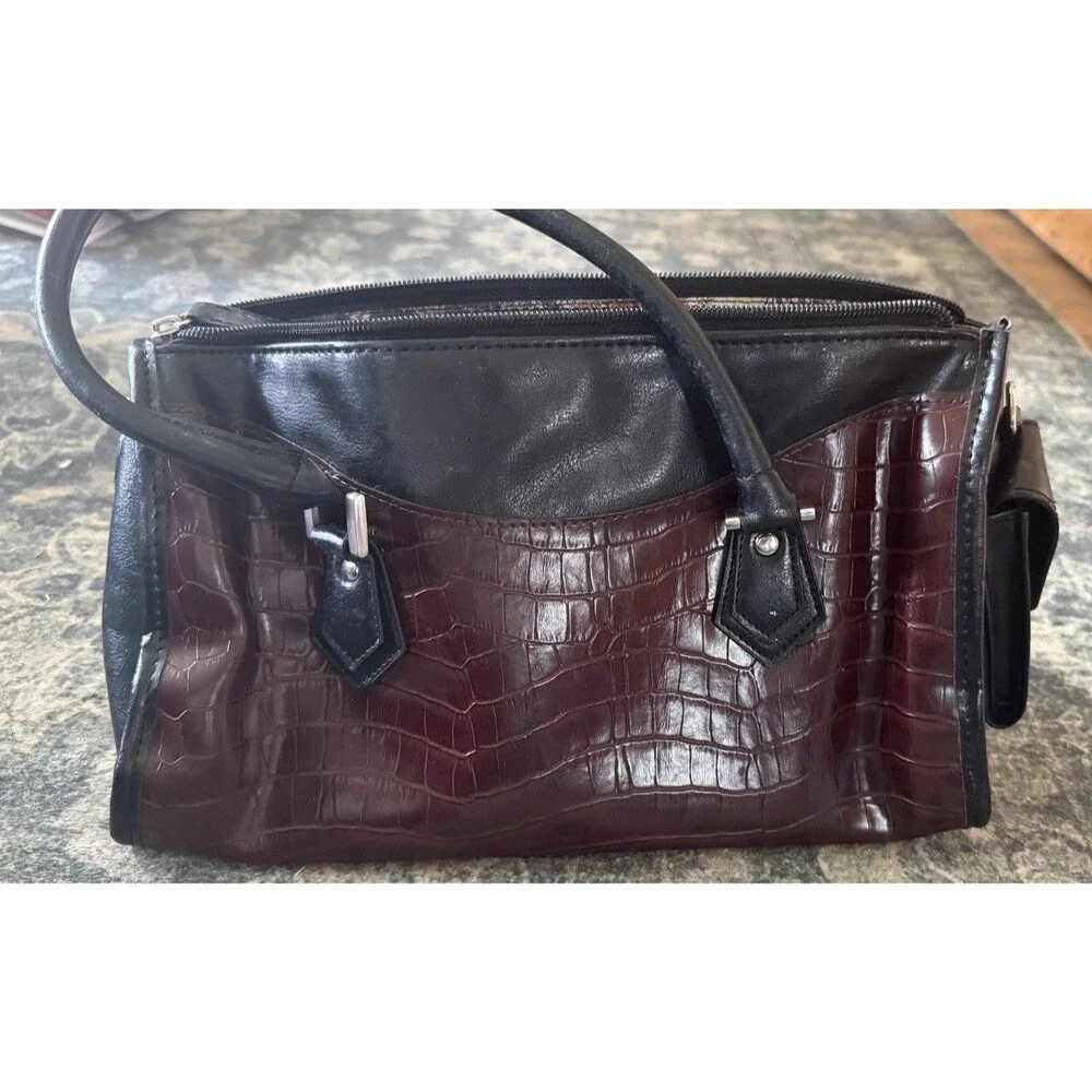 Brighton Black & Burgundy Heart Accent Tote Mock Croc Leather Shoulder Bag Purse